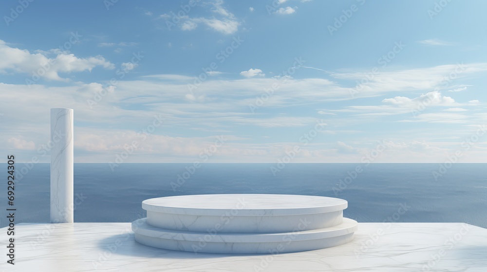 Ocean-Inspired White Marble Podium: Elegant 3D Rendered Platform with Sky Horizon Background