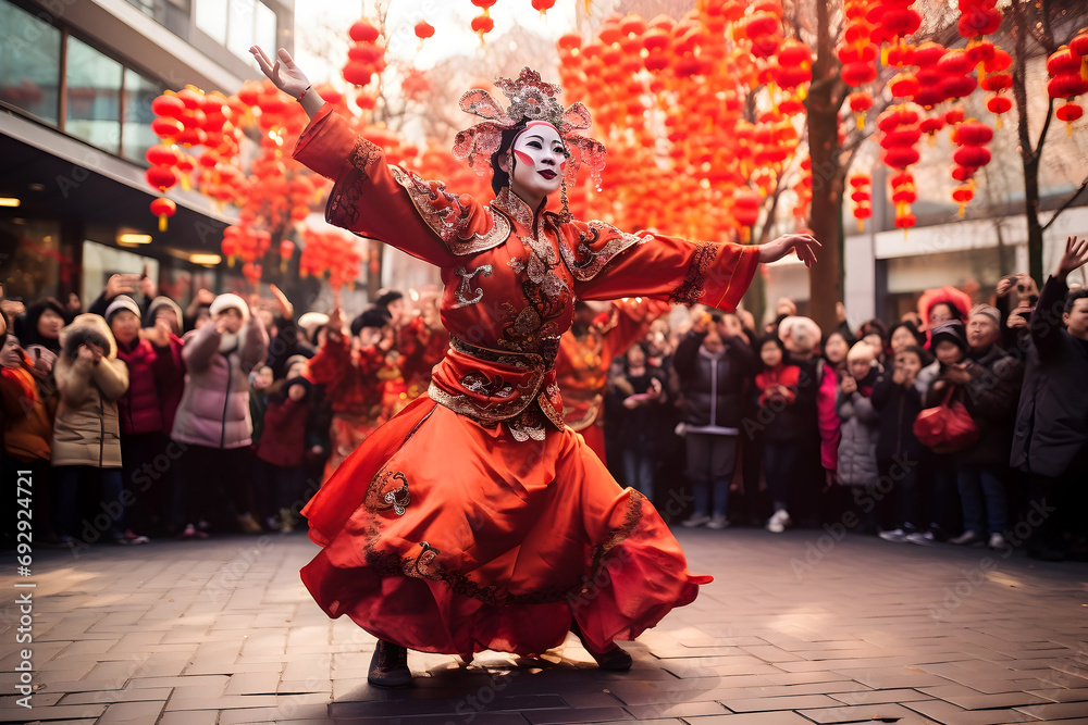 Fototapeta premium China dancers on the street Chinese opera New Year's culture Chinese red Theme
