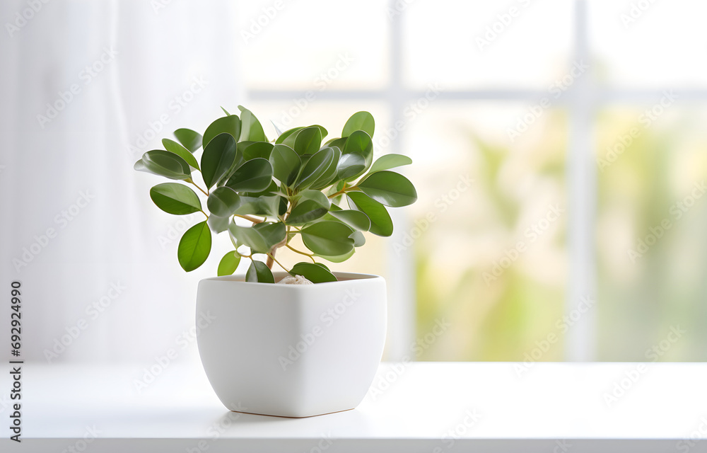 Green home plant on white pot on white wooden table over blurred Green home plant on white pot on white wooden table over blurred