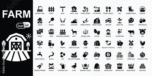 Farm, Farming, Agriculture - editable  icons collection. Contains such Icons as Greenhouse, Haystack, Harvest and more. Simple vector illustration.