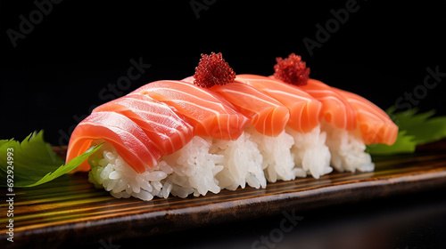 Nigiri Sushi with Glistening Slices of Fresh Fish, a Tasty Culinary and Traditional Flavorful