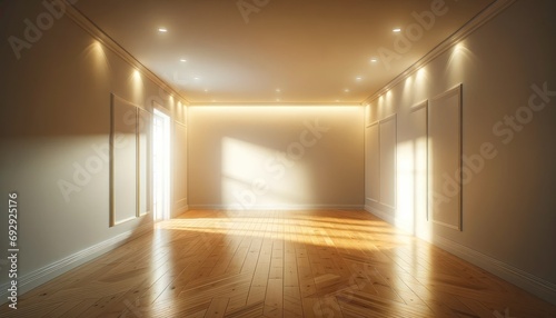 Empty room and wall and wooden floor with interesting with glare from the window. Interior background for the presentation. Generative AI