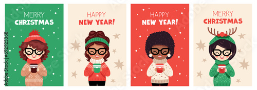 A set of Christmas cards. Cute girls drinking drinks from glasses. Winter sweaters. Flat, cartoon vector