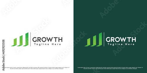 Green growth logo design illustration. Silhouette of a bar graph index of the progress process of increasing shares of financial business companies. Creative simple casual gradient abstract modern ico