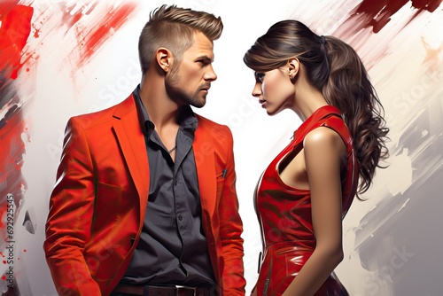other each looking woman man fashion casual male guy boy girl young female model attire dress suit shirt smart white pose look coiffure hair style latin attractive brunette make-up make up beauty photo