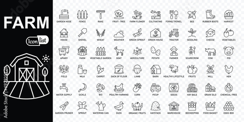 Farm, Farming, Agriculture - editable stroke icons collection. Thin line icons set.. Contains such Icons as Greenhouse, Haystack, Harvest and more. Simple vector illustration.	