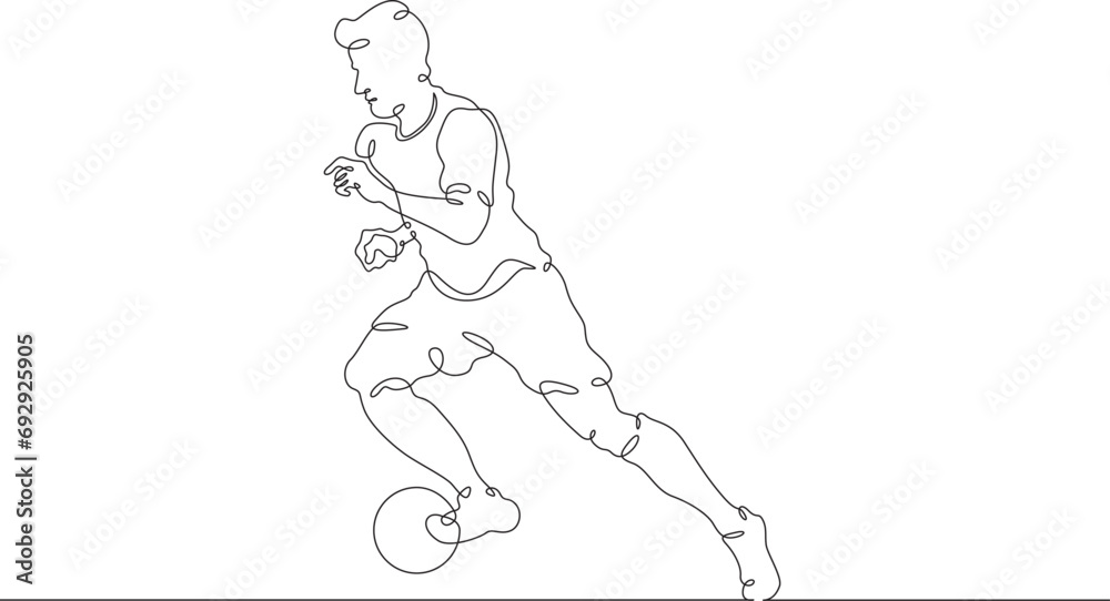 A football player runs along a football field with a ball. Football game. One continuous line drawing. Linear. Hand drawn, white background. One line