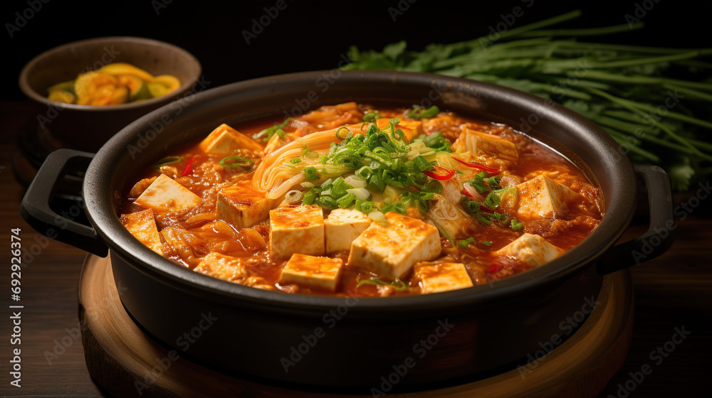 Korean Culinary Featuring a Spicy Kimchi Jjigae with Tender Tofu and Succulent Pork in a Bowl