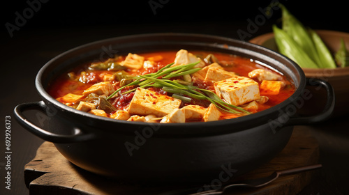 Korean Culinary Featuring a Spicy Kimchi Jjigae with Tender Tofu and Succulent Pork in a Bowl