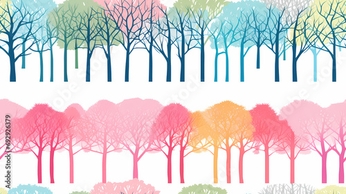 risograph-style prints featuring stylized trees on vibrant, multicolored backgrounds, seamless pattern