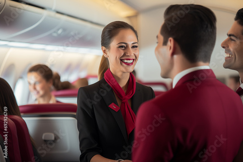 Flight attendants assisting passengers with a warm smile, leaving room for messages on customer service