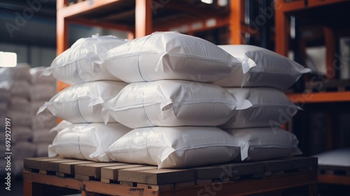 Rows or stacks of white sack bags at large warehouse in modern factory. Packacing in factory or warehouse photo