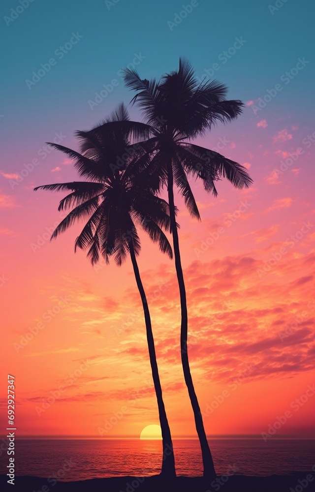 palm silhouette at sunset, background for instagram story, banner