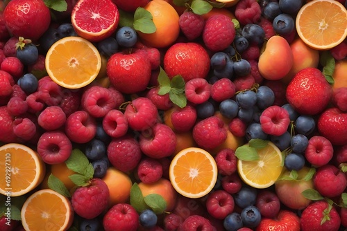 Fresh mixe fruits on wooden background. Ai generative