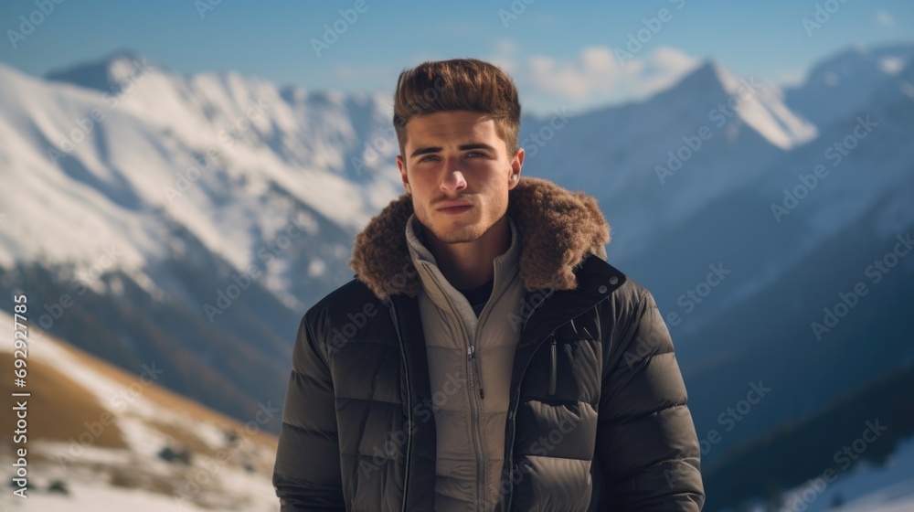Portrait of a handsome  man in winter clothes on the background of mountains