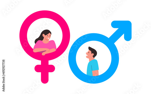 Smiling Male and female in gender symbol. Man and woman gender symbols. Cartoon, Character design, Flat Vector illustration.