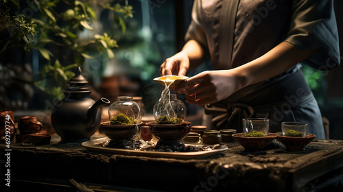 Elegance of Chinese People with Traditional Clother in Tea Ceremony Preparation