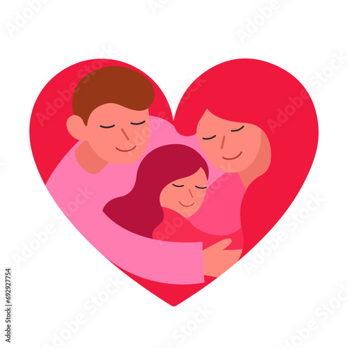 Mom Dad and daughter hugging  in heart shape continuous line drawing, Happiness family concept in heart shape continuous line drawing vector illustration photo