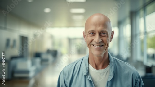 Portrait of a man cancer survivor patient in a hospital without hair