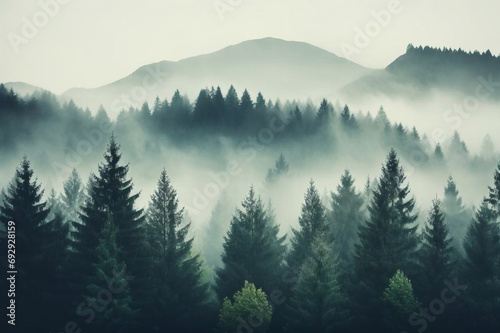 Misty foggy mountain landscape with fir forest and copyspace