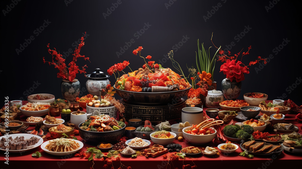 A Bountiful Spread of Chinese New Year Banquet Delights Showcasing of Various Dishes