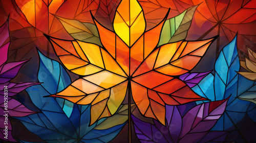 Stained glass window background with colorful maple leaf abstract. 