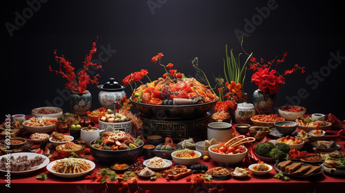 A Bountiful Spread of Chinese New Year Banquet Delights Showcasing of Various Dishes