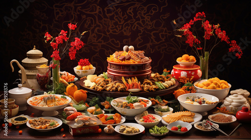 A Bountiful Spread of Chinese New Year Banquet Delights Showcasing of Various Dishes