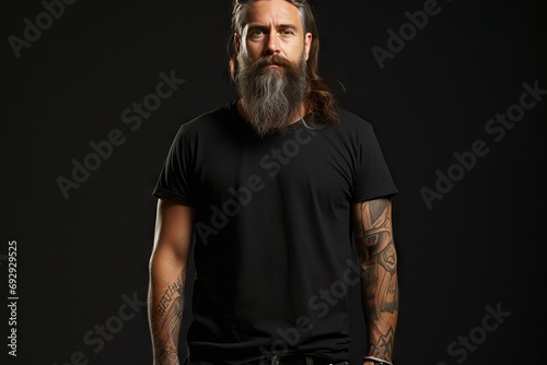 mockup white isolated cotton thin premium tshirt blank black poses hands tattooed man biker bearded attractive Brutal t-shirt clothing design template background shirt mock casual attire front