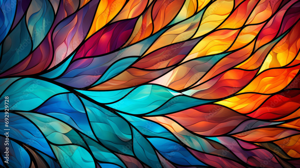 Stained glass window background with colorful Leaf and Flower abstract.	