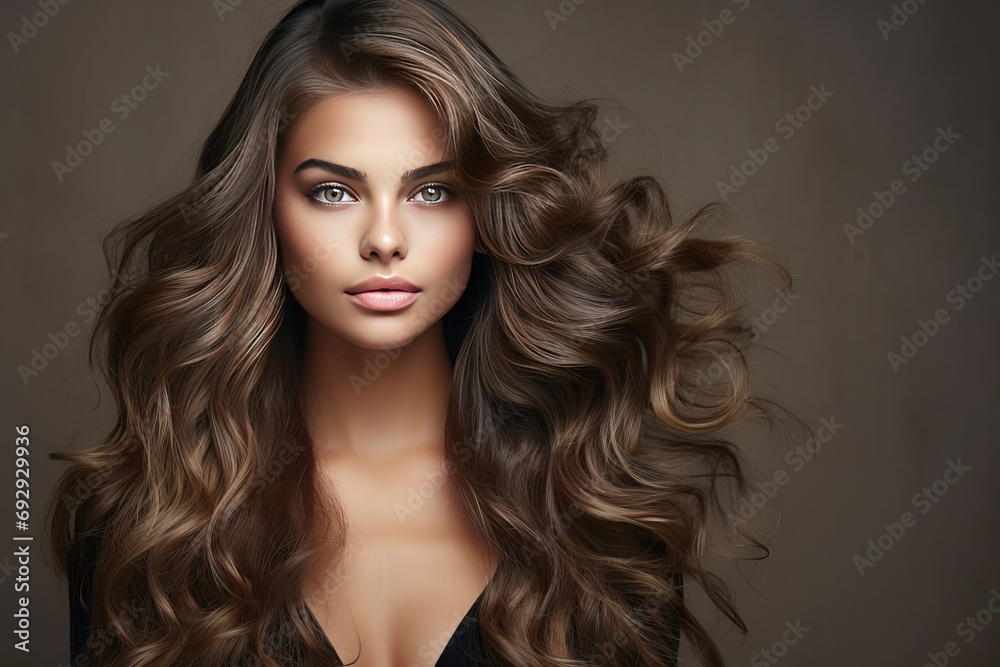 hairstyle curly model woman Beautiful hair wavy shiny volume long girl Brunette coiffure fashion face make-up beauty make up shine frizz brown wellness coloration bright glamour clean shampoo - obrazy, fototapety, plakaty 
