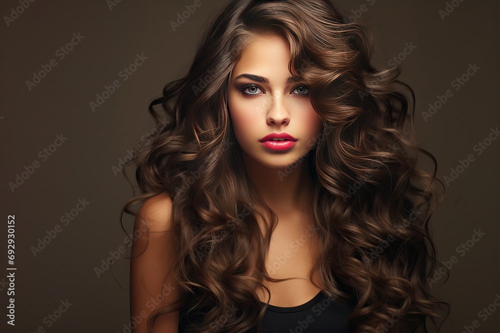 Naklejka premium hairstyle curly model Beautiful hair wavy shiny long girl Brunette coiffure make-up beauty face fashion haircut barber bright brown care clean colours coloration colourful cosmetic cute dandruff