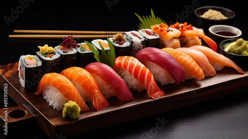 Japanese Delights, A Multifarious Array of Nigiri Sushi Perched Artfully on a Plate