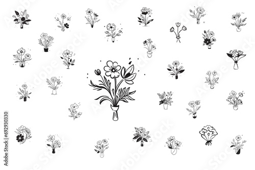  Set of 30 isolated vector icons of flower bouquets in doodle style, concept Valentine's or birthday or Mother's Day or Women's Day.