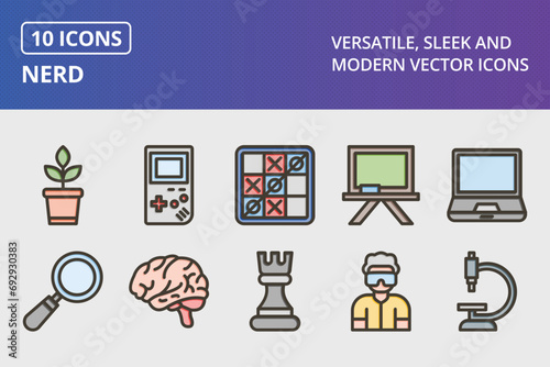 Nerd Thick Line Filled Colors Icons Set