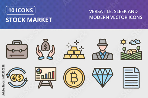 Stock Market Thick Line Filled Colors Icons Set