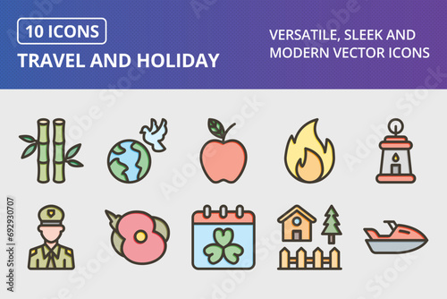 Travel and Holiday Thick Line Filled Colors Icons Set