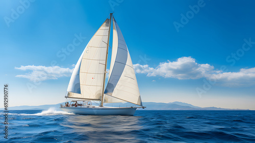 A sailboat playing in the middle of the blue sea during the daytime. and mountain background. Ai generate. © MOUNTAIN