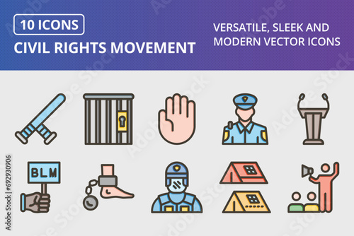 Civil Rights Movement Thick Line Filled Colors Icons Set