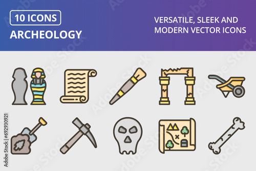Archeology Thick Line Filled Colors Icons Set