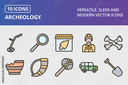 Archeology Thick Line Filled Colors Icons Set
