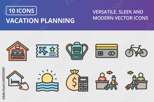 Vacation Planning Thick Line Filled Colors Icons Set