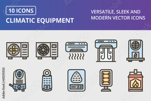 Climatic Equipment Thick Line Filled Colors Icons Set