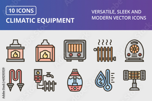 Climatic Equipment Thick Line Filled Colors Icons Set