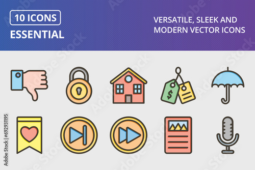 Essential Thick Line Filled Colors Icons Set