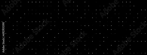Halftone circular animated pattern on black background. White small diamonds grid. Abstract snowy dust stars. Festive design. Polka dots ornament. Sky holidays space. Snowflakes amazing illustration