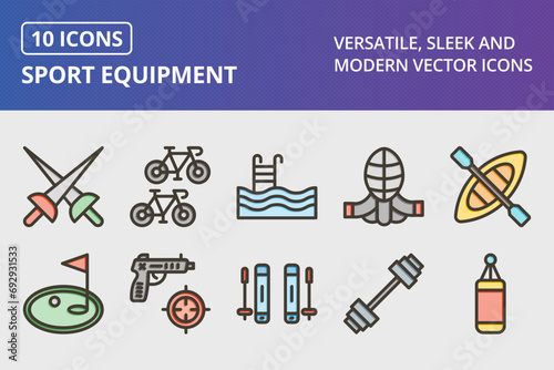 Sport Equipment Thick Line Filled Colors Icons Set