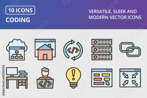 Coding Thick Line Filled Colors Icons Set