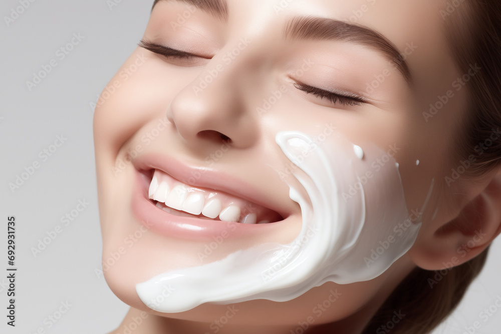 Skin care concept - drop of anti-aging cream on caucasian female's cheekbone. Perfect, flawless skin. Skin care concept - drop of anti-aging cream on caucasian female's cheekbone. Perfect, flawless skin.