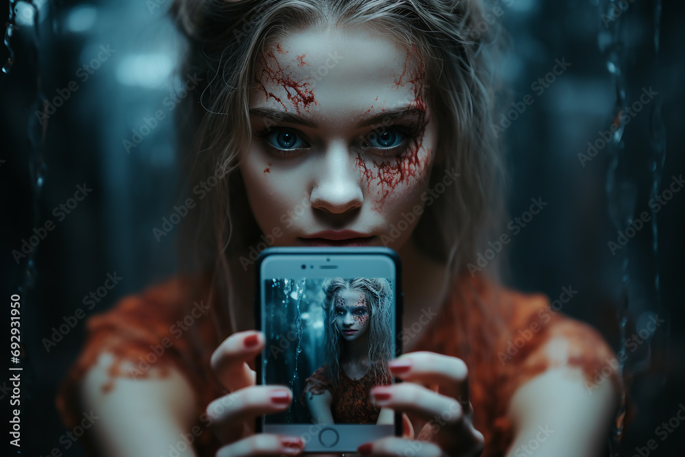 A beautiful girl with bloody cuts on the face is holding a phone with a scary photo on the screen . Blond pretty female with light skin and red nails is looking directly at the camera - obrazy, fototapety, plakaty 